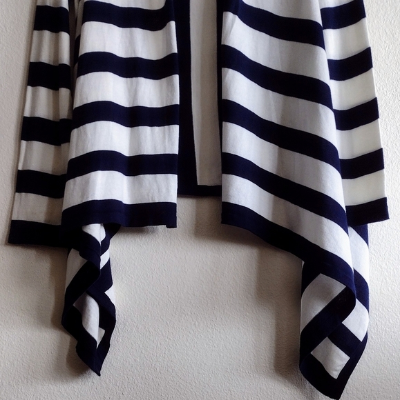 Navy Blue Striped Open Front Waterfall Cardigan Medium Coastal Grandma Fisherman - Picture 3 of 9